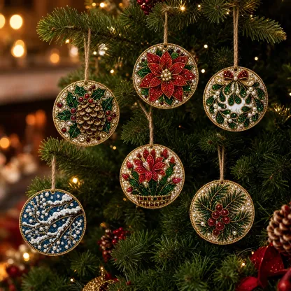 6 Pcs Christmas Wooden Ornaments DIY Pearls Diamond Painting Kit Rhinestone Art Pendants with Hemp Rope for Holiday Tree Decor