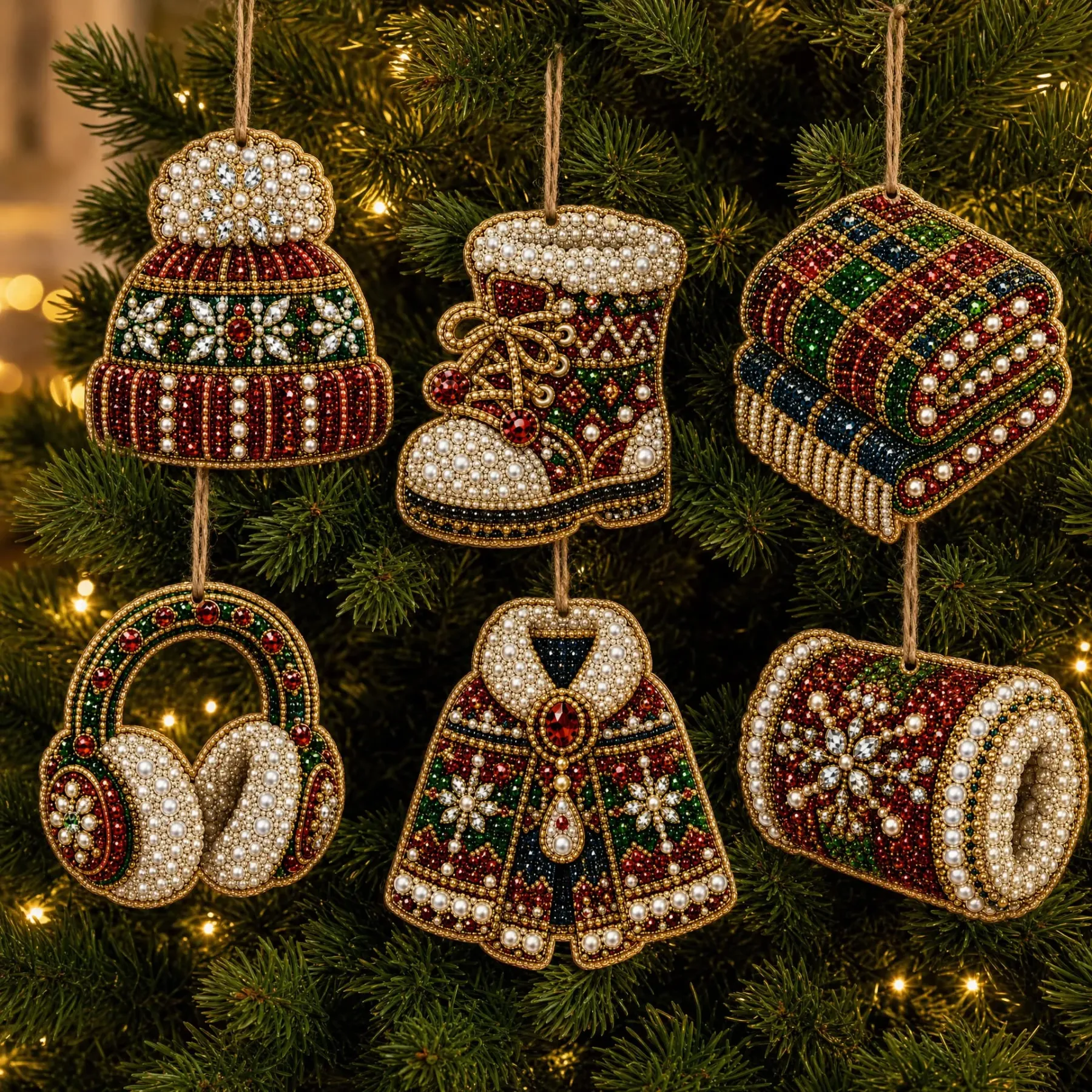 6pcs Cozy Winter Goods Pearl Art Diamond Painting  Pendant - Acrylic Christmas Tree Ornaments DIY Decor Kit