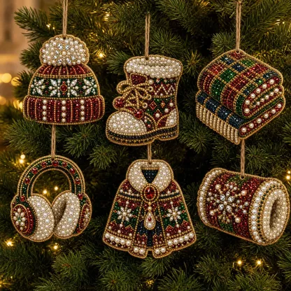 6pcs Cozy Winter Goods Pearl Art Diamond Painting  Pendant - Acrylic Christmas Tree Ornaments DIY Decor Kit