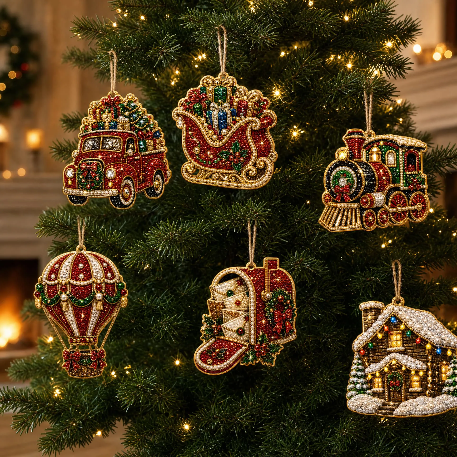 6pcs Winter Travel Ornaments Pearl Art Diamond Painting  Pendant - Acrylic Christmas Tree Ornaments DIY Decor Kit