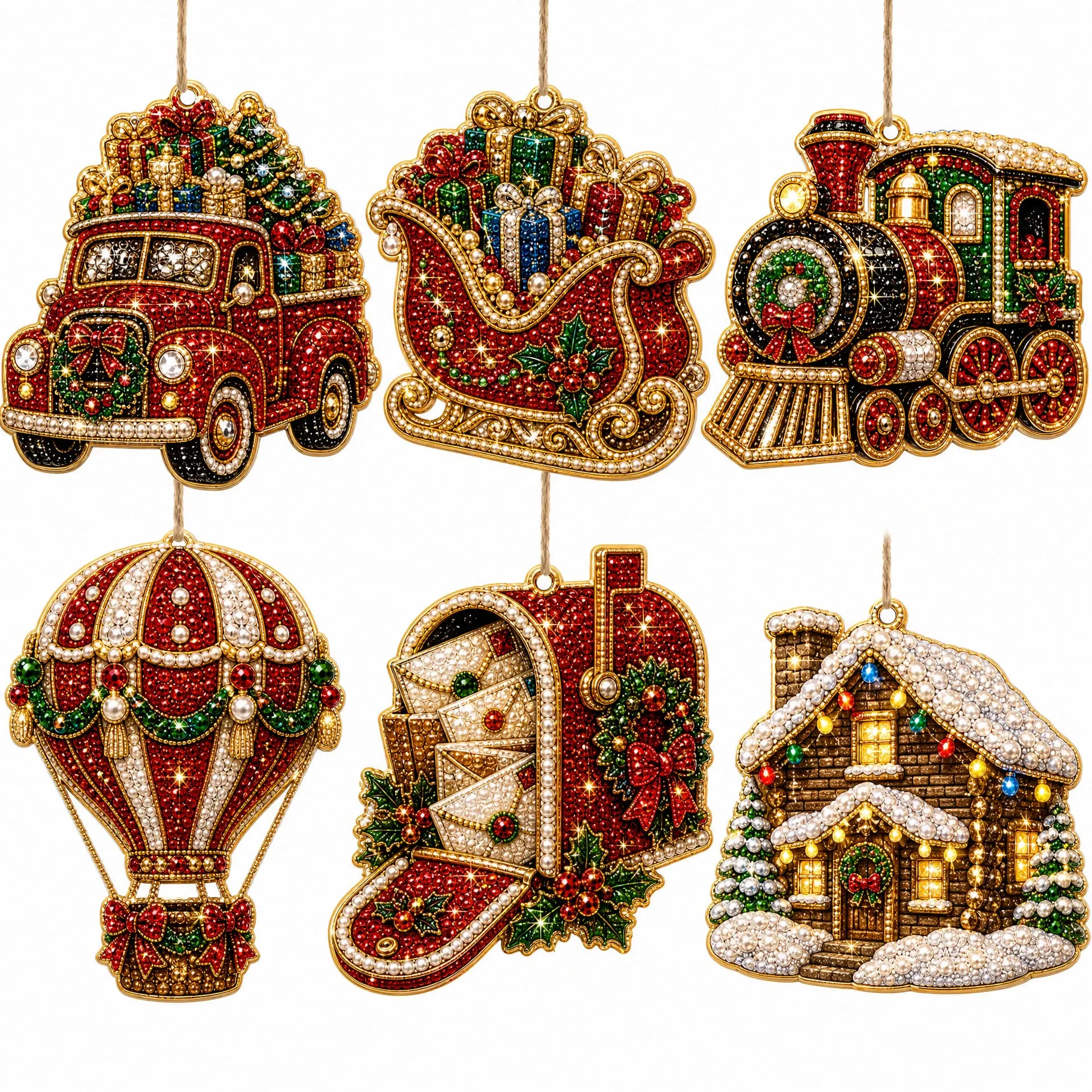 6pcs Winter Travel Ornaments Pearl Art Diamond Painting  Pendant - Acrylic Christmas Tree Ornaments DIY Decor Kit
