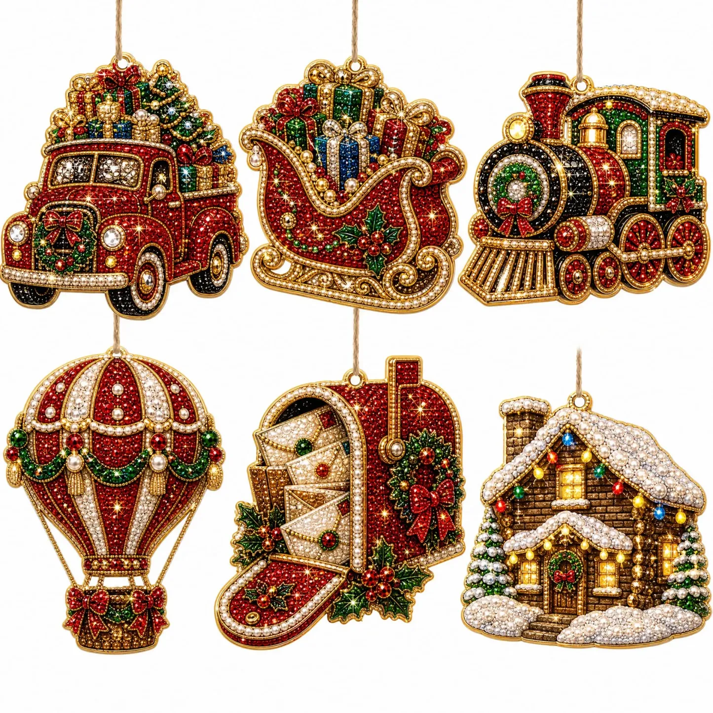 6pcs Winter Travel Ornaments Pearl Art Diamond Painting  Pendant - Acrylic Christmas Tree Ornaments DIY Decor Kit