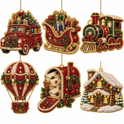 6pcs Winter Travel Ornaments Pearl Art Diamond Painting  Pendant - Acrylic Christmas Tree Ornaments DIY Decor Kit