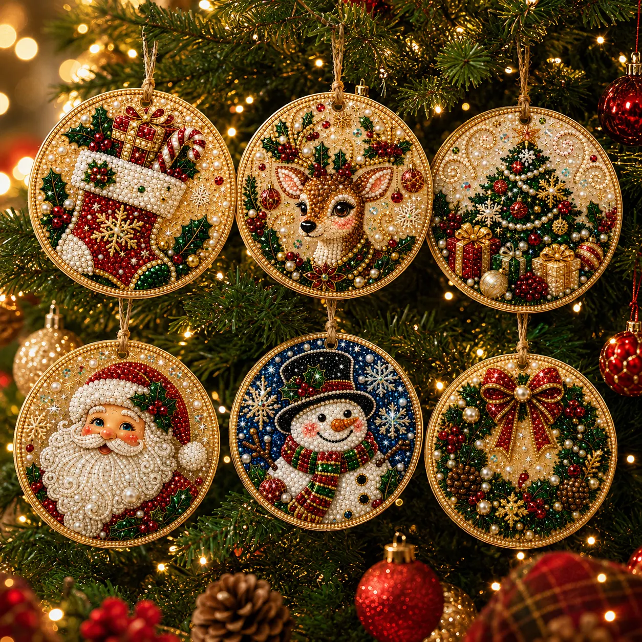 6 Pcs Christmas Wooden Ornaments DIY Pearls Diamond Painting Kit Rhinestone Art Pendants with Hemp Rope for Holiday Tree Decor