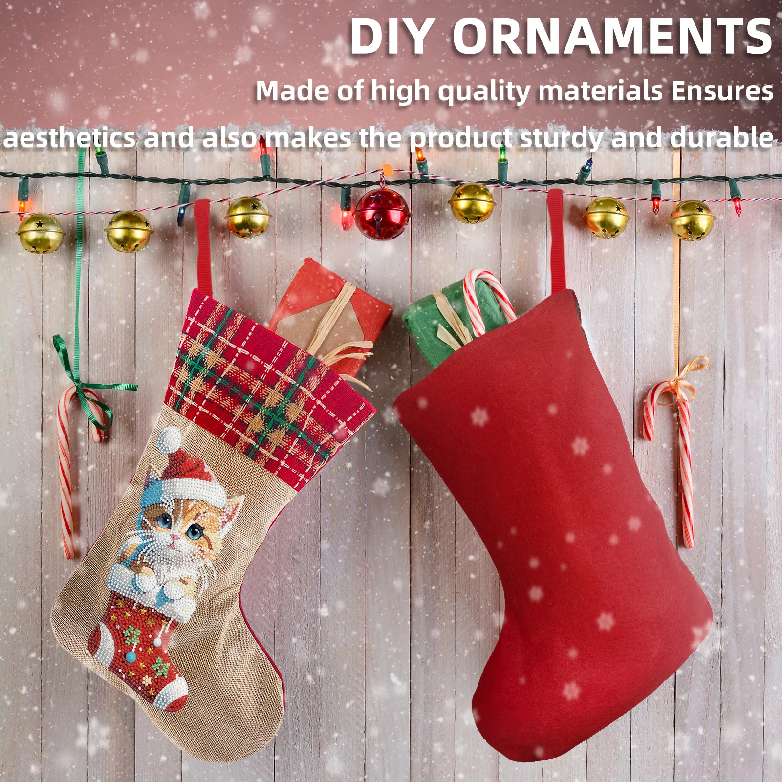 DIY Diamond Painting Christmas Stockings Hanging Ornaments Large Capacity Xmas Socks Pendant Wear Resist Candy Gift Storage Bags for Family Christmas Holiday Party Decoration (Christmas cat)