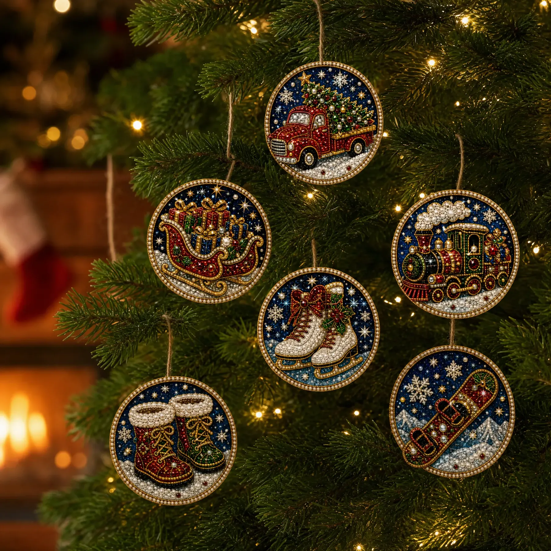 6 Pcs Christmas Wooden Ornaments DIY Pearls Diamond Painting Kit Rhinestone Art Pendants with Hemp Rope for Holiday Tree Decor