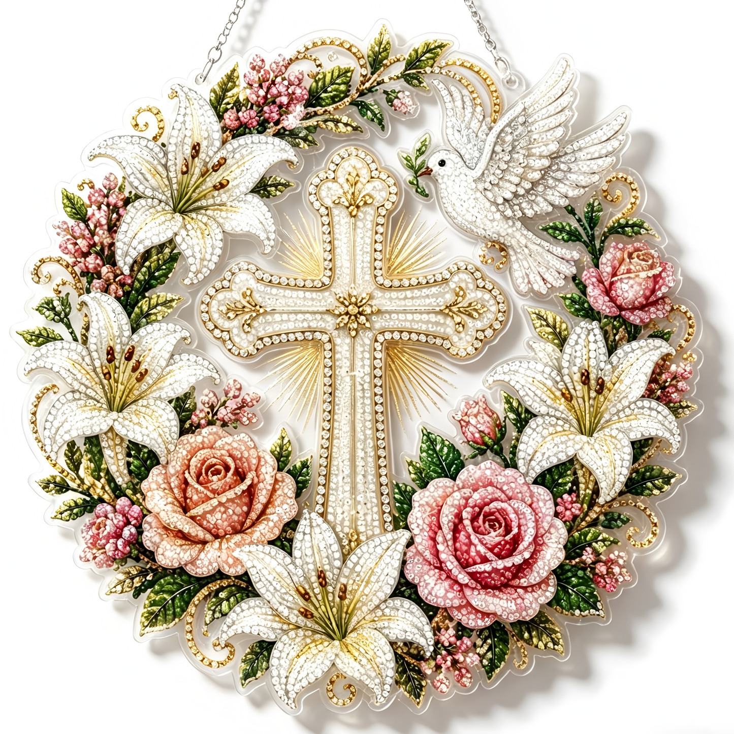 DIY Lily Rose Cross Diamond Painting Pendant
