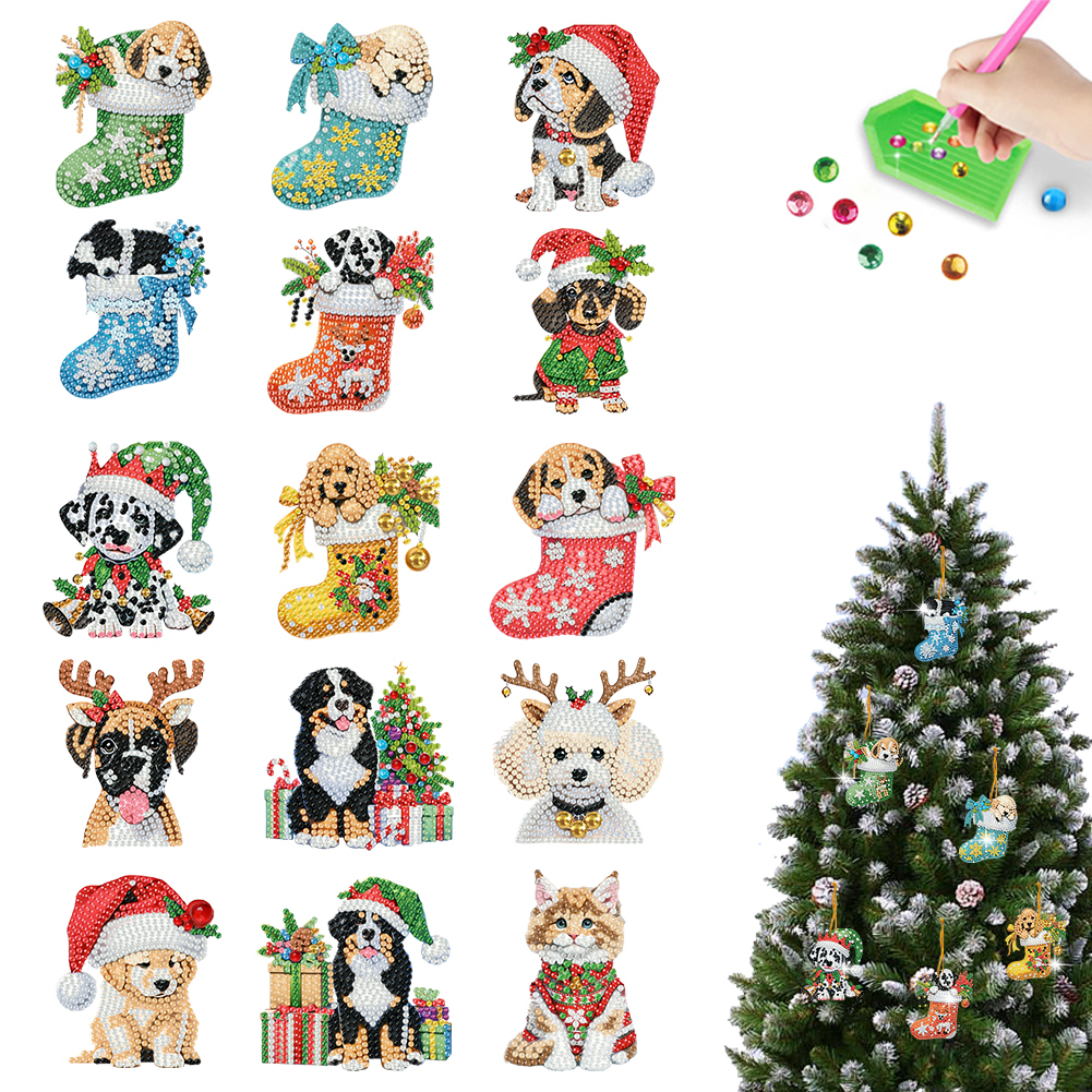 15Pcs DIY Christmas Atmosphere Dog Diamond Painting Pendant (Double-Sided)