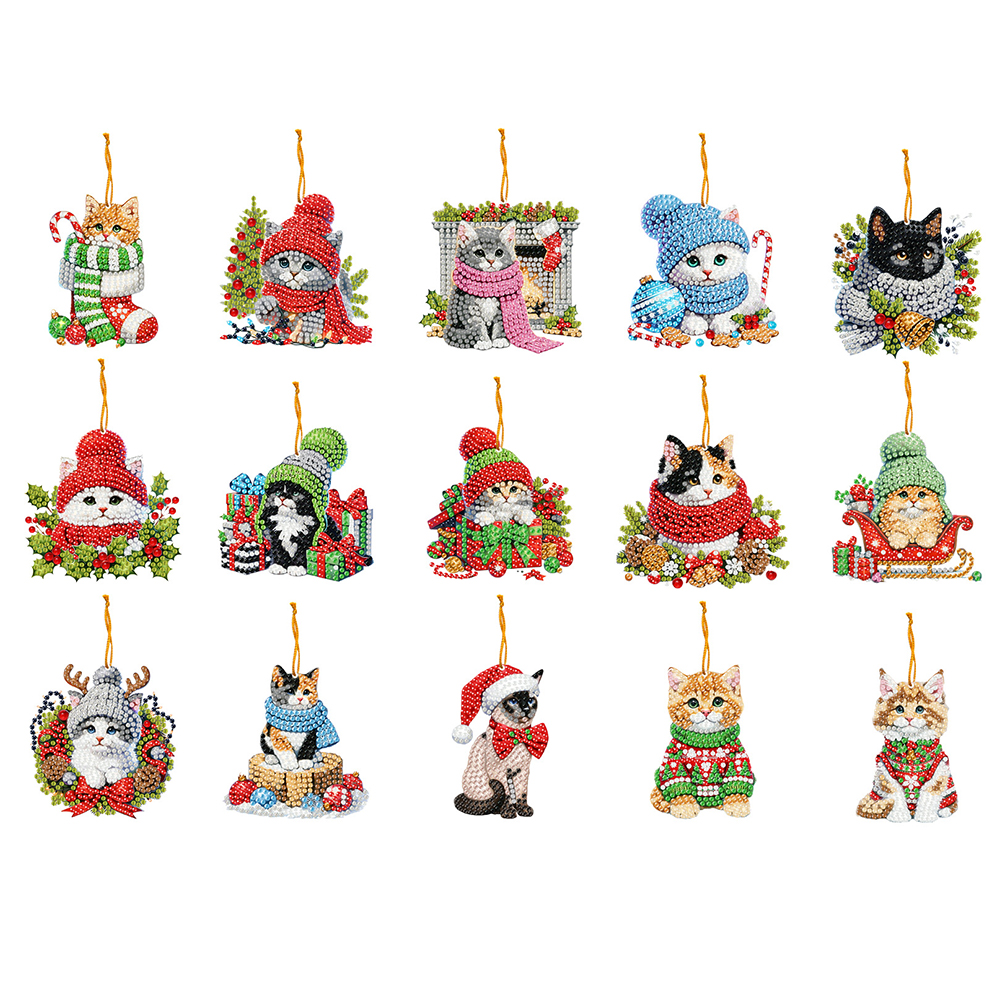15Pcs DIY Christmas Atmosphere Cat Diamond Painting Pendant (Double-Sided)