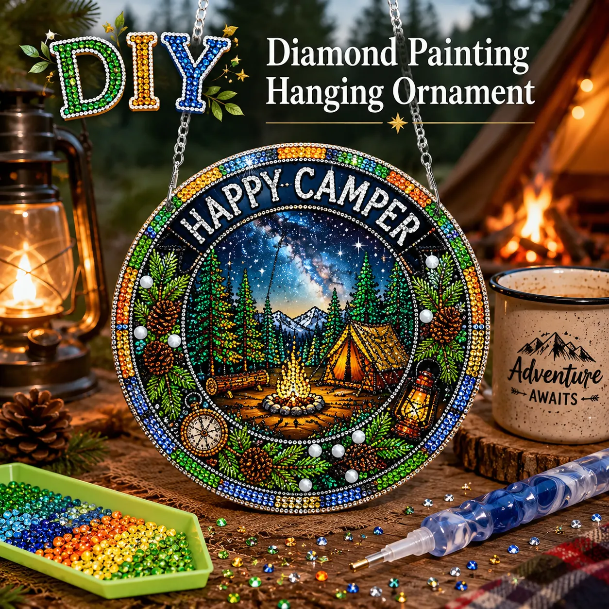 DIY Happy Camper Diamond Painting Pendant(Single-Sided)