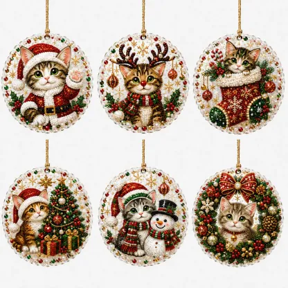 6pcs Xmas Cats Pearl Art Diamond Painting Pendant