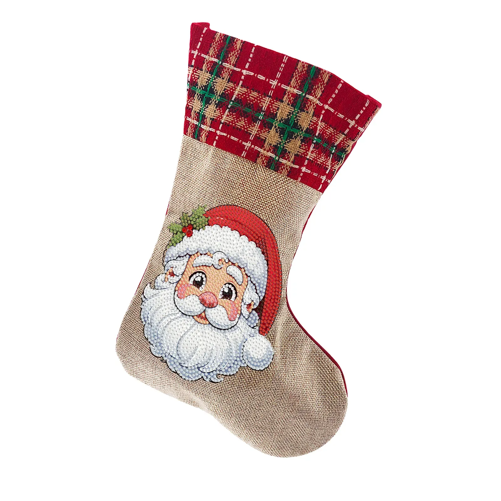 DIY Diamond Painting Christmas Stockings Hanging Ornaments Large Capacity Xmas Socks Pendant Wear Resist Candy Gift Storage Bags for Family Christmas Holiday Party Decoration (Santa Claus head)