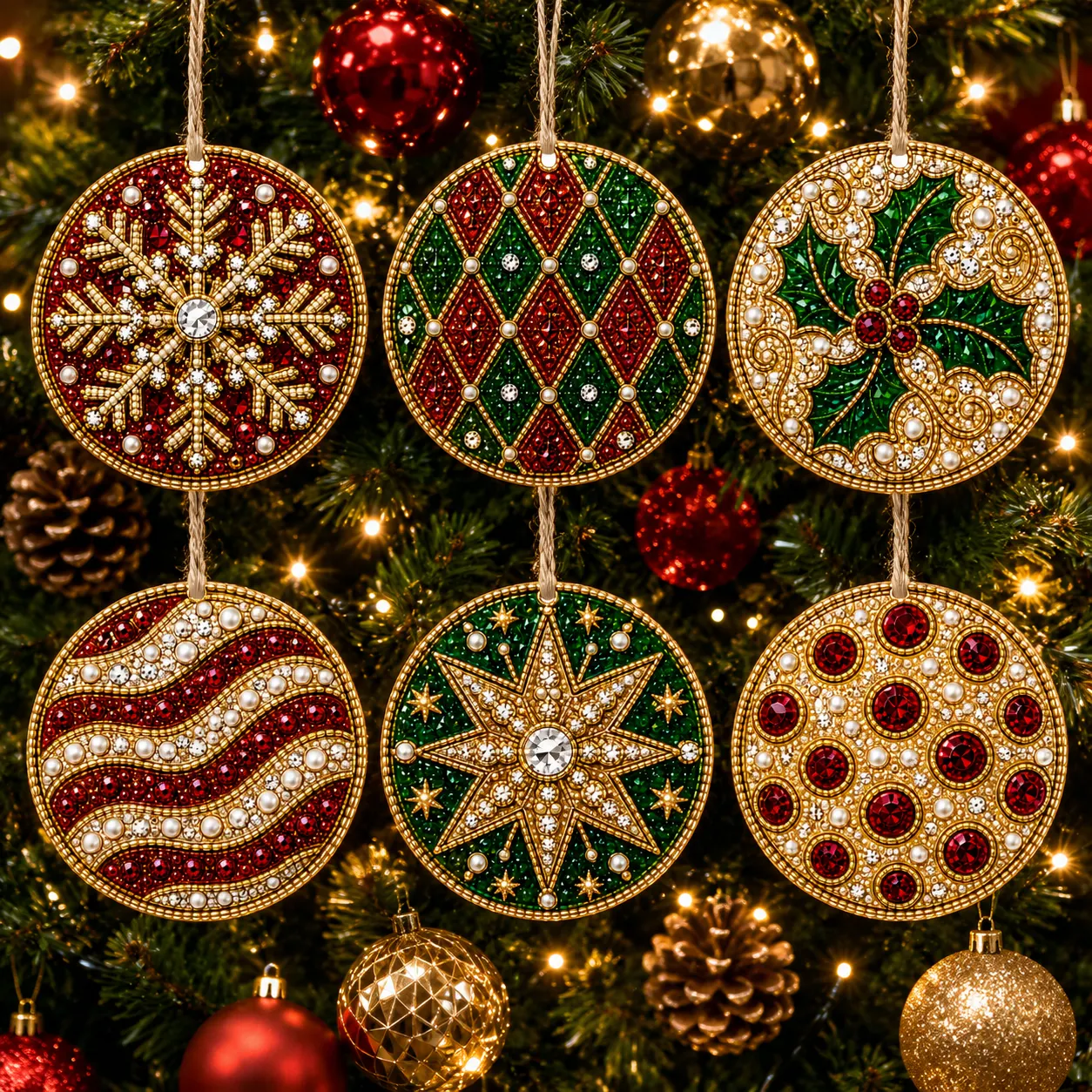 6 Pcs Christmas Wooden Ornaments DIY Pearls Diamond Painting Kit Rhinestone Art Pendants with Hemp Rope for Holiday Tree Decor