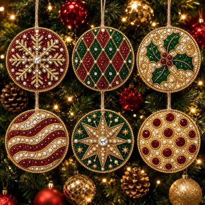 6 Pcs Christmas Wooden Ornaments DIY Pearls Diamond Painting Kit Rhinestone Art Pendants with Hemp Rope for Holiday Tree Decor