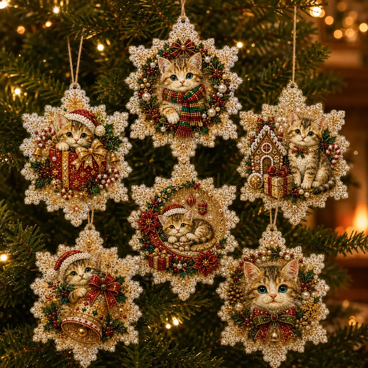 6pcs Snowflake Kittens Pearl Art Diamond Painting Pendant