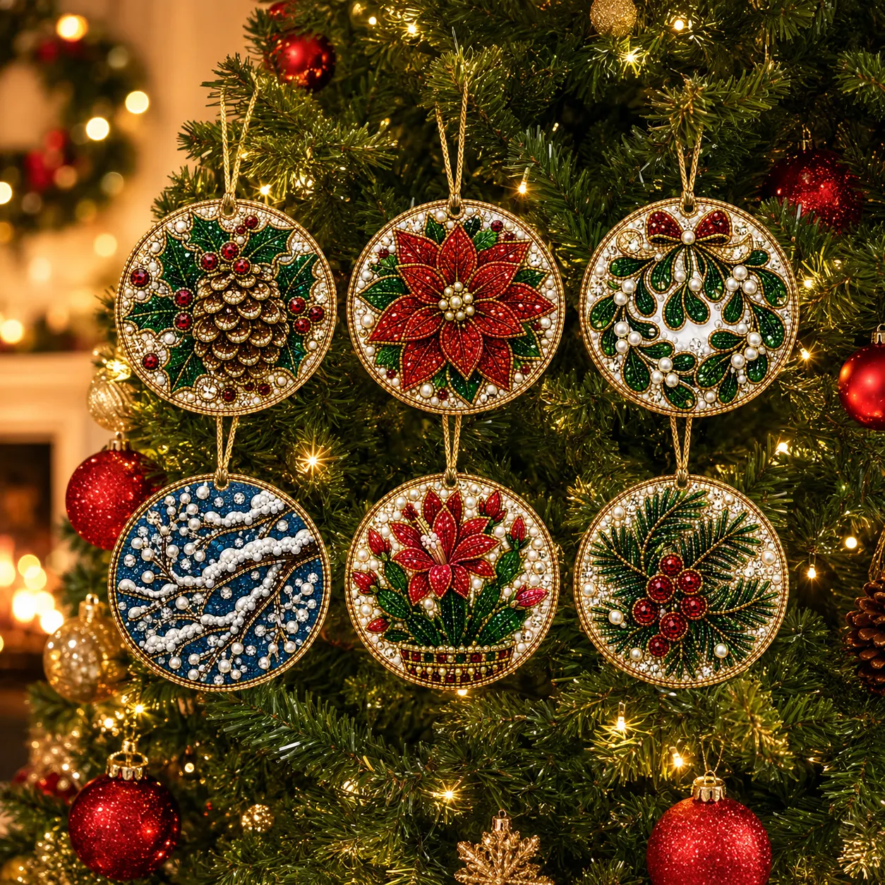 6 Pcs Christmas Wooden Ornaments DIY Pearls Diamond Painting Kit Rhinestone Art Pendants with Hemp Rope for Holiday Tree Decor