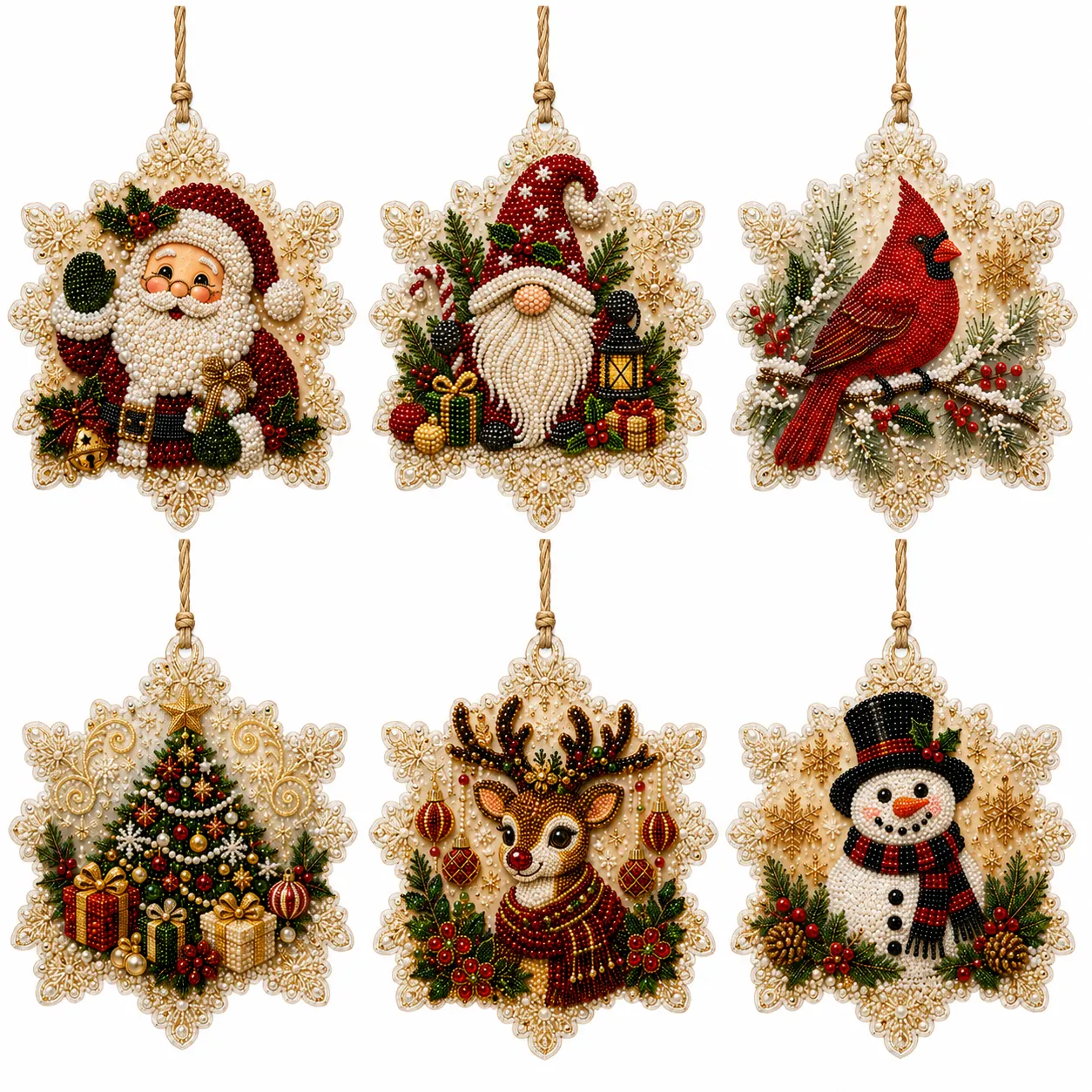 6 Pcs Christmas Ornaments DIY Pearls Diamond Painting Kit Rhinestone Art Pendants with Hemp Rope for Holiday Tree Decor