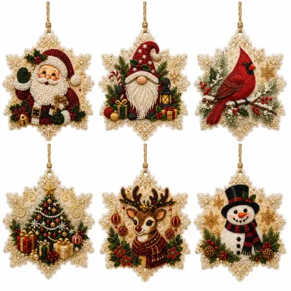 6 Pcs Christmas Ornaments DIY Pearls Diamond Painting Kit Rhinestone Art Pendants with Hemp Rope for Holiday Tree Decor