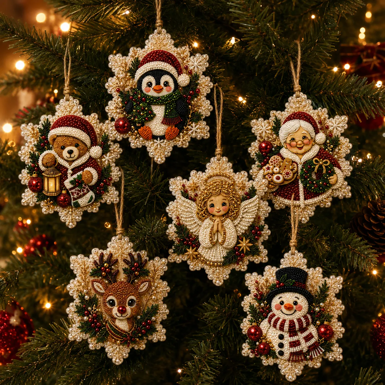 6 Pcs Christmas Ornaments DIY Pearls Diamond Painting Kit Rhinestone Art Pendants with Hemp Rope for Holiday Tree Decor