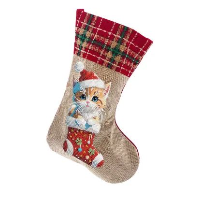 DIY Diamond Painting Christmas Stockings Hanging Ornaments Large Capacity Xmas Socks Pendant Wear Resist Candy Gift Storage Bags for Family Christmas Holiday Party Decoration (Christmas cat)