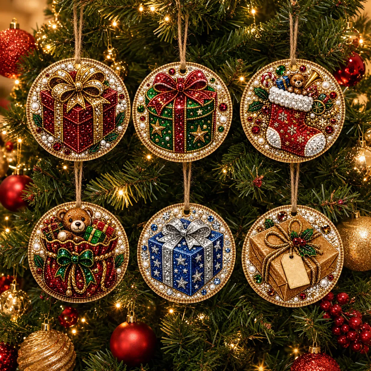 6 Pcs Christmas Wooden Ornaments DIY Pearls Diamond Painting Kit Rhinestone Art Pendants with Hemp Rope for Holiday Tree Decor