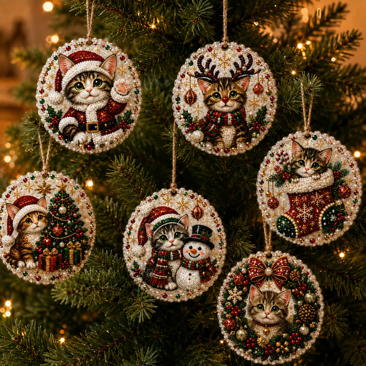 6pcs Xmas Cats Pearl Art Diamond Painting Pendant