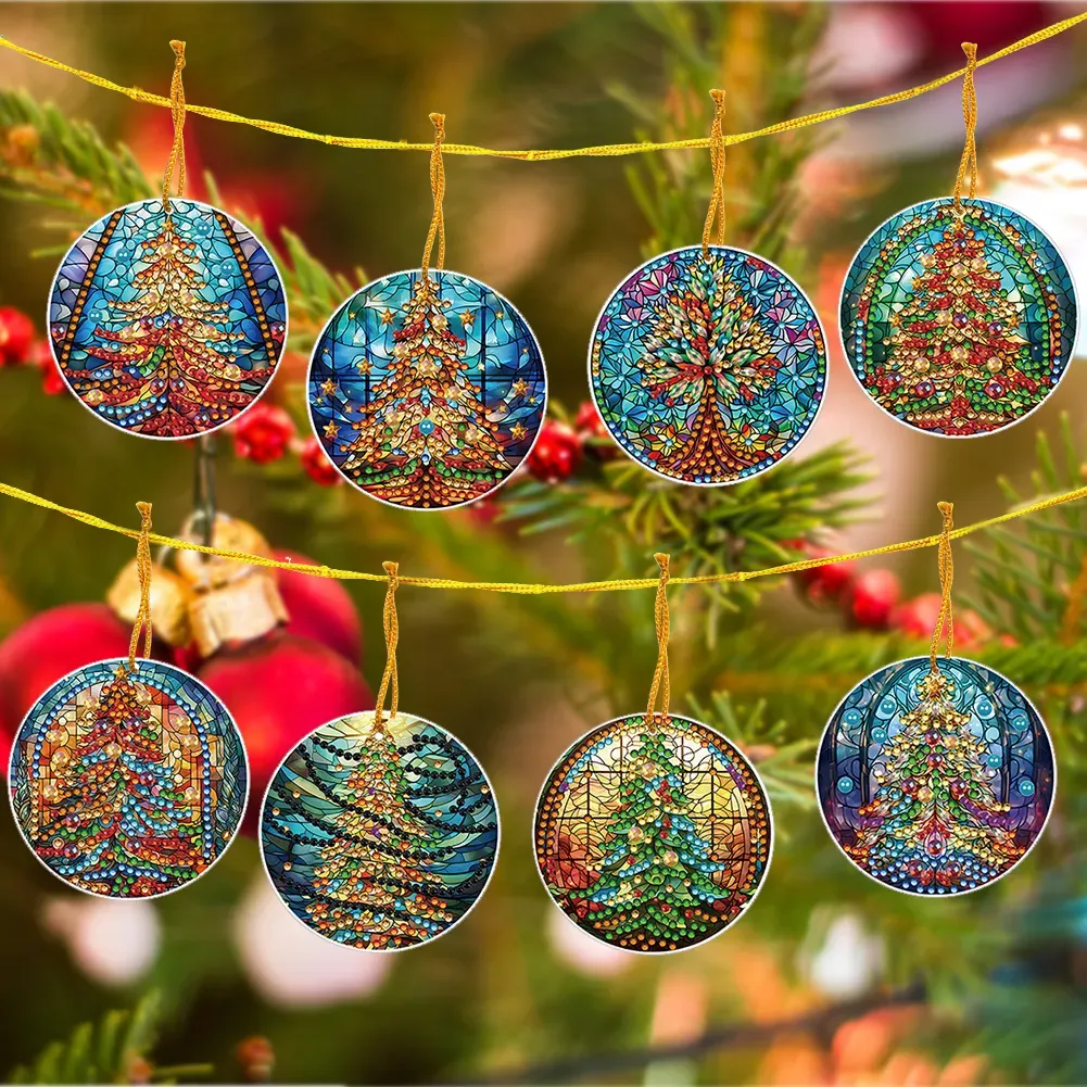 8Pcs DIY Christmas Tree Diamond Painting Pendant（Single Sided)