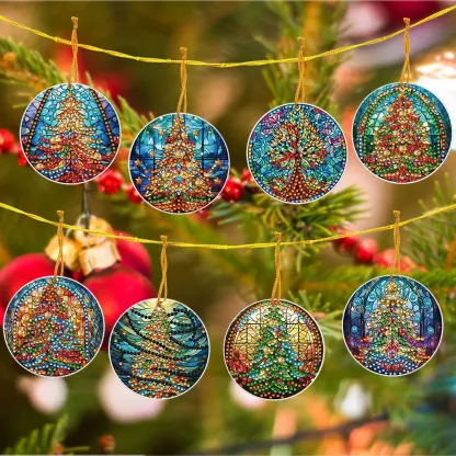 8Pcs DIY Christmas Tree Diamond Painting Pendant（Single Sided)
