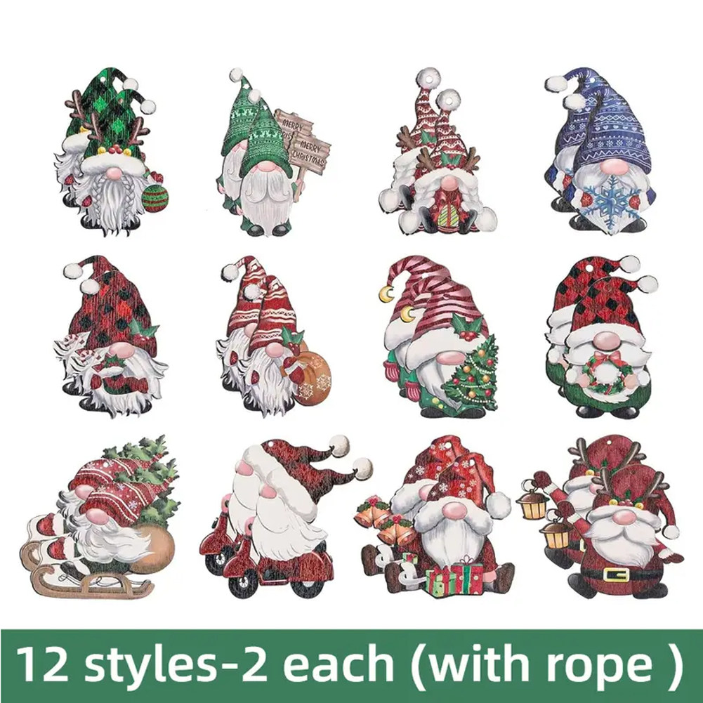 (24PCS)Christmas Gnome Santa Wooden Hanging Pendant(With Rope)