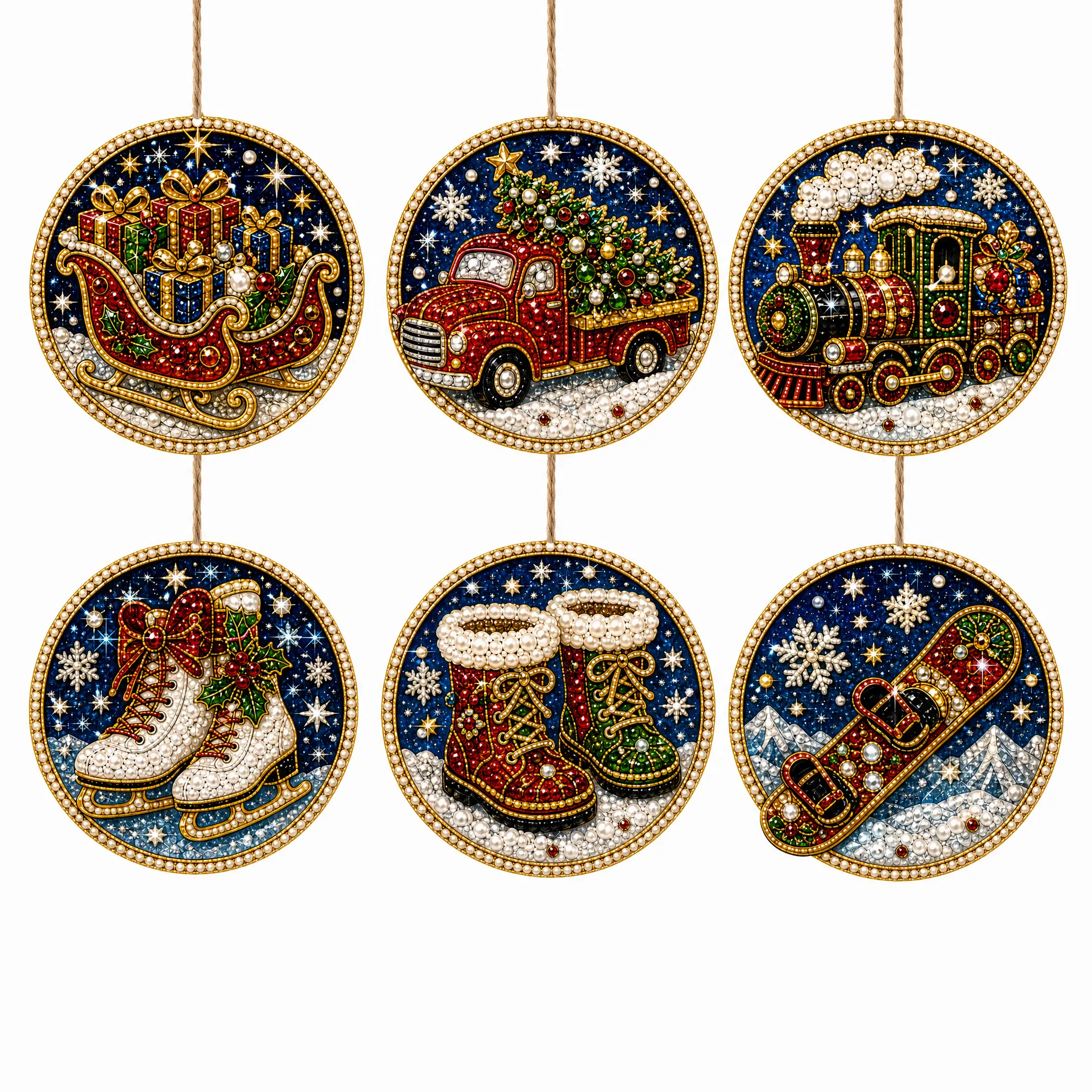 6 Pcs Christmas Wooden Ornaments DIY Pearls Diamond Painting Kit Rhinestone Art Pendants with Hemp Rope for Holiday Tree Decor