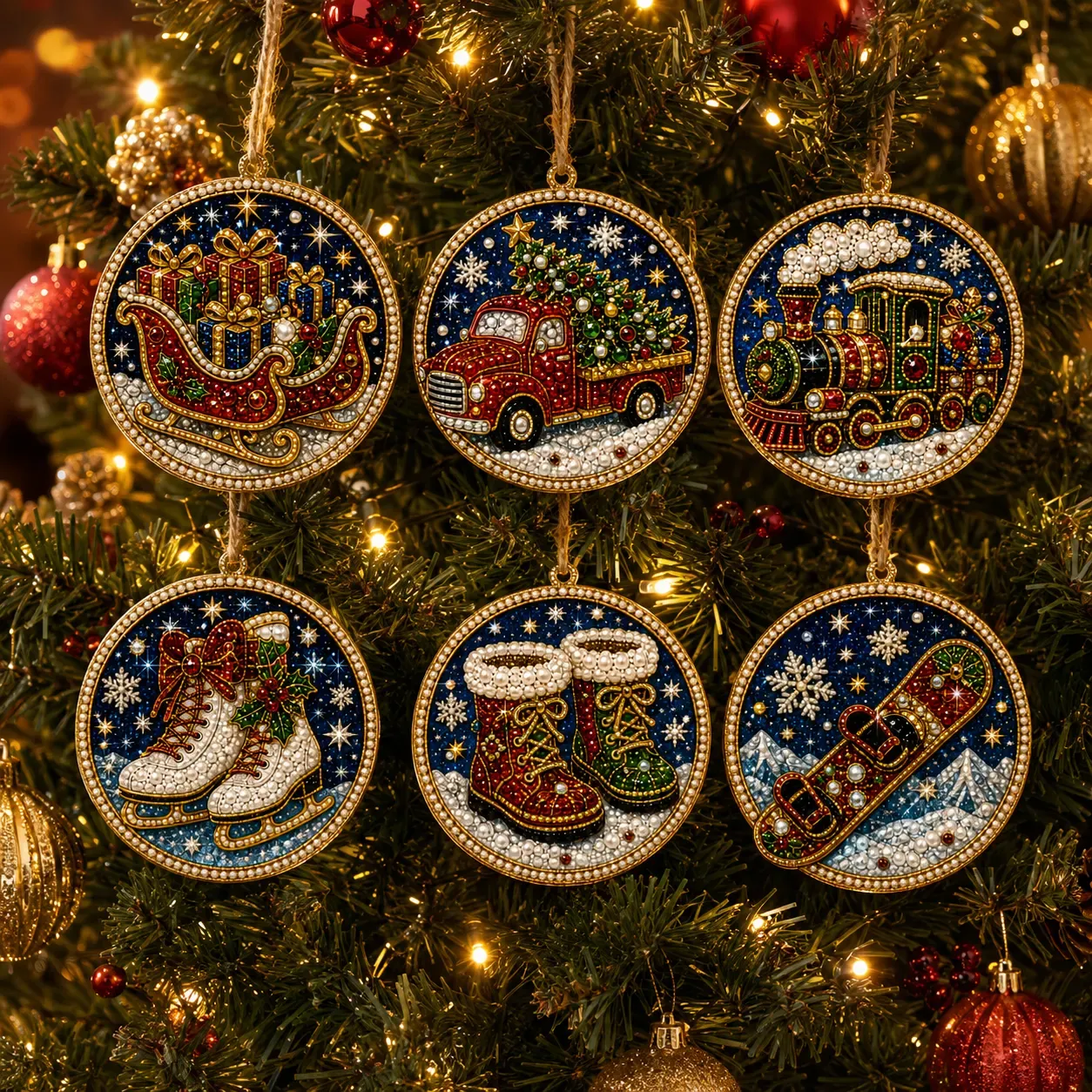 6 Pcs Christmas Wooden Ornaments DIY Pearls Diamond Painting Kit Rhinestone Art Pendants with Hemp Rope for Holiday Tree Decor