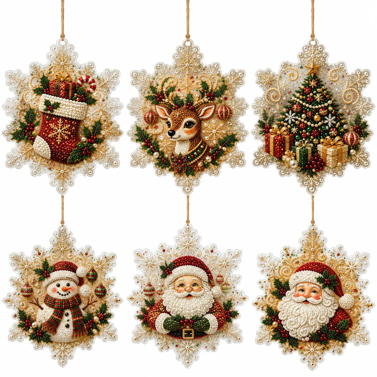 6 Pcs Christmas Wooden Ornaments DIY Pearls Diamond Painting Kit Rhinestone Art Pendants with Hemp Rope for Holiday Tree Decor