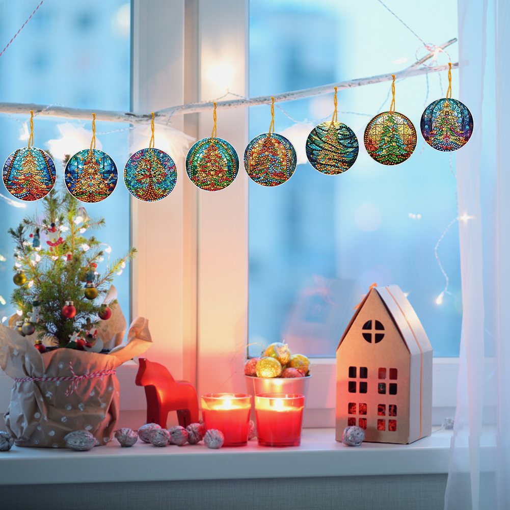 8Pcs DIY Christmas Tree Diamond Painting Pendant（Single Sided)