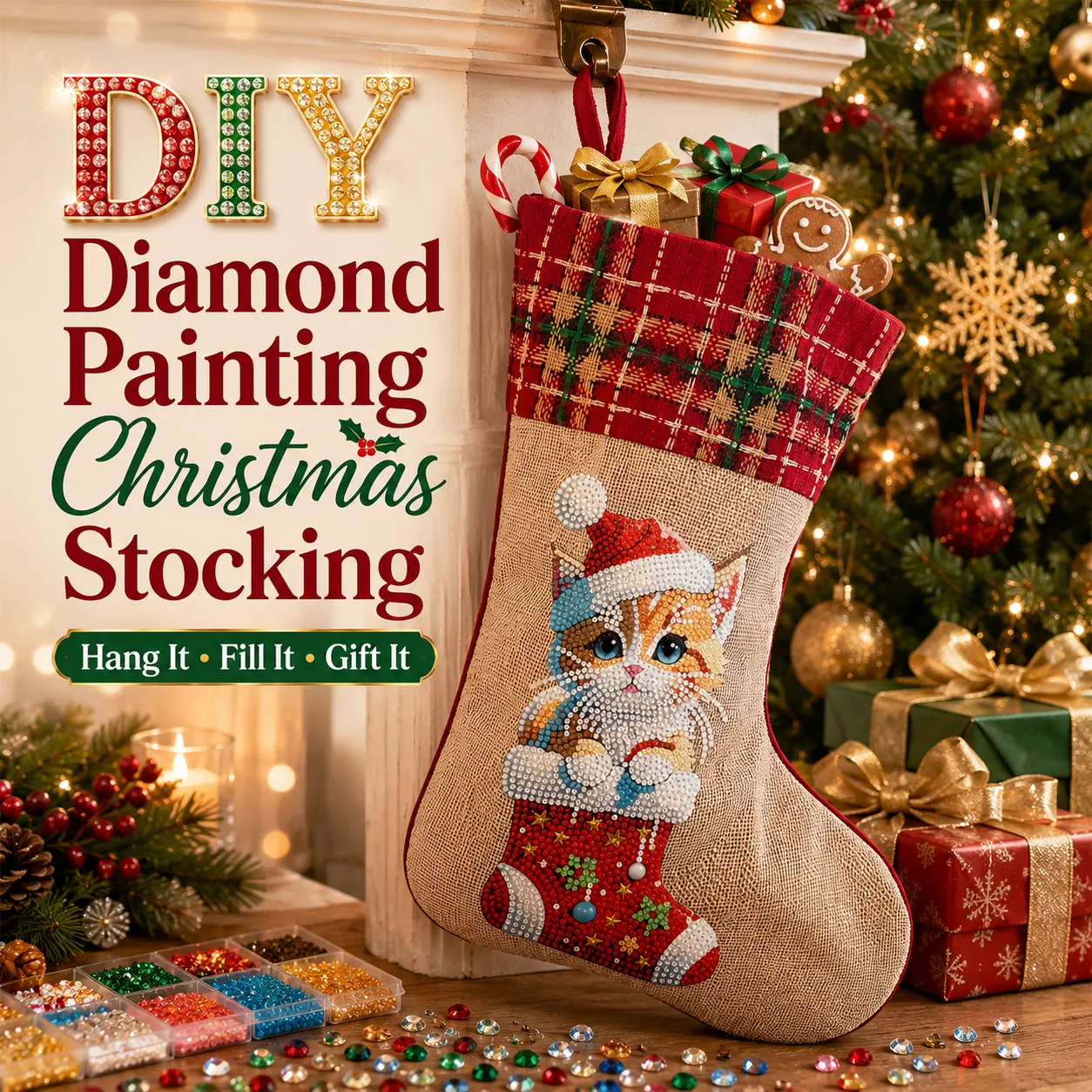 DIY Diamond Painting Christmas Stockings Hanging Ornaments Large Capacity Xmas Socks Pendant Wear Resist Candy Gift Storage Bags for Family Christmas Holiday Party Decoration (Christmas cat)