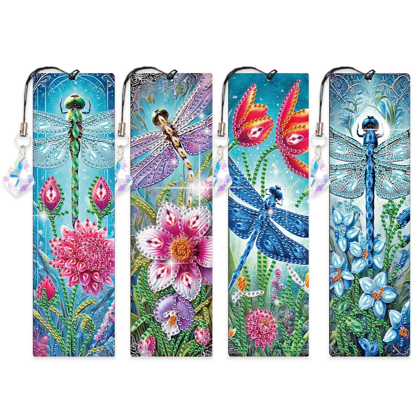 4Pcs Dragonfly Garden DIY Diamond Painting Bookmark with Crystal Pendants Diamond Painting Art Bookmarks Special Shape for DIY Making Beginners Adult Arts Craft Supplies