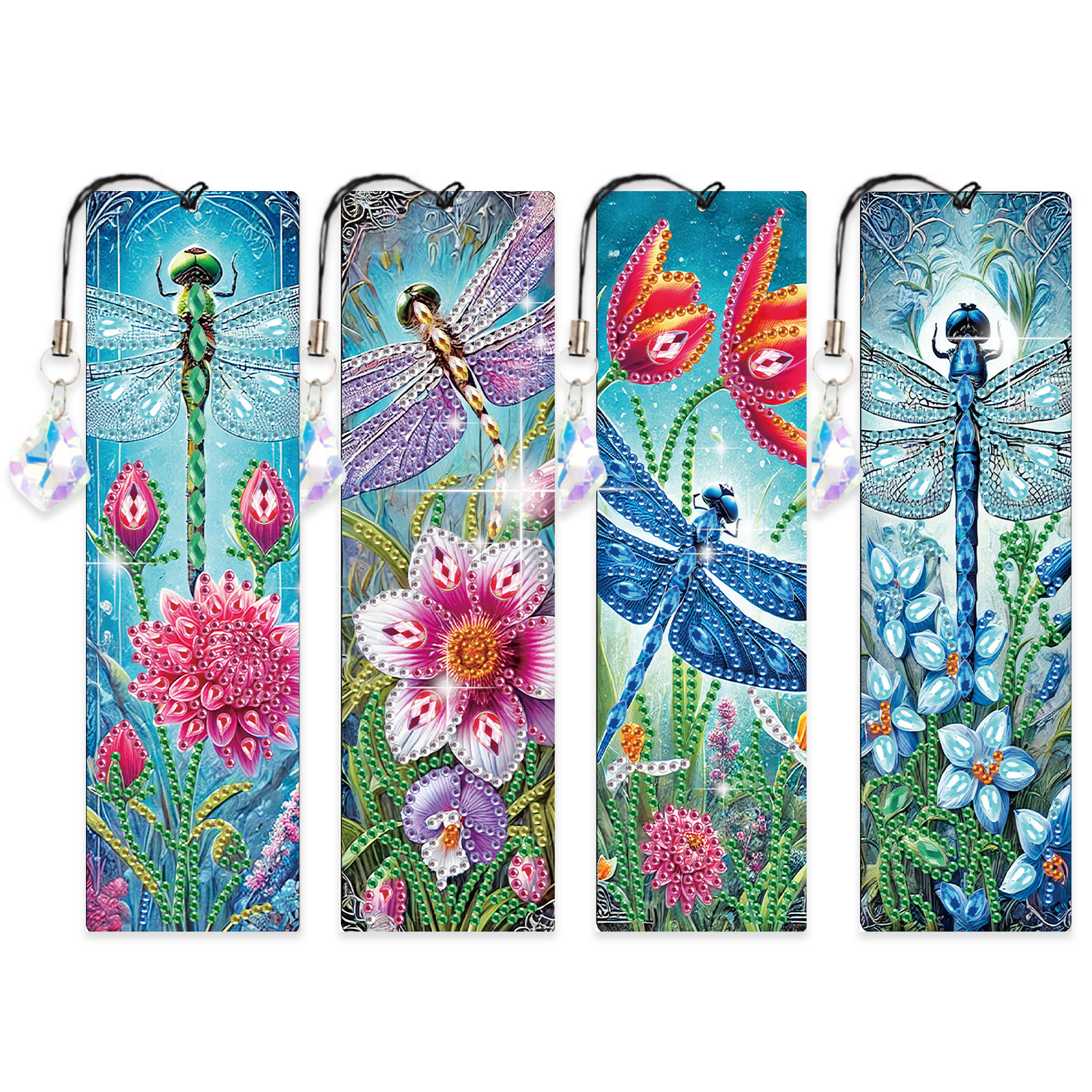 4Pcs Dragonfly Garden DIY Diamond Painting Bookmark with Crystal Pendants Diamond Painting Art Bookmarks Special Shape for DIY Making Beginners Adult Arts Craft Supplies