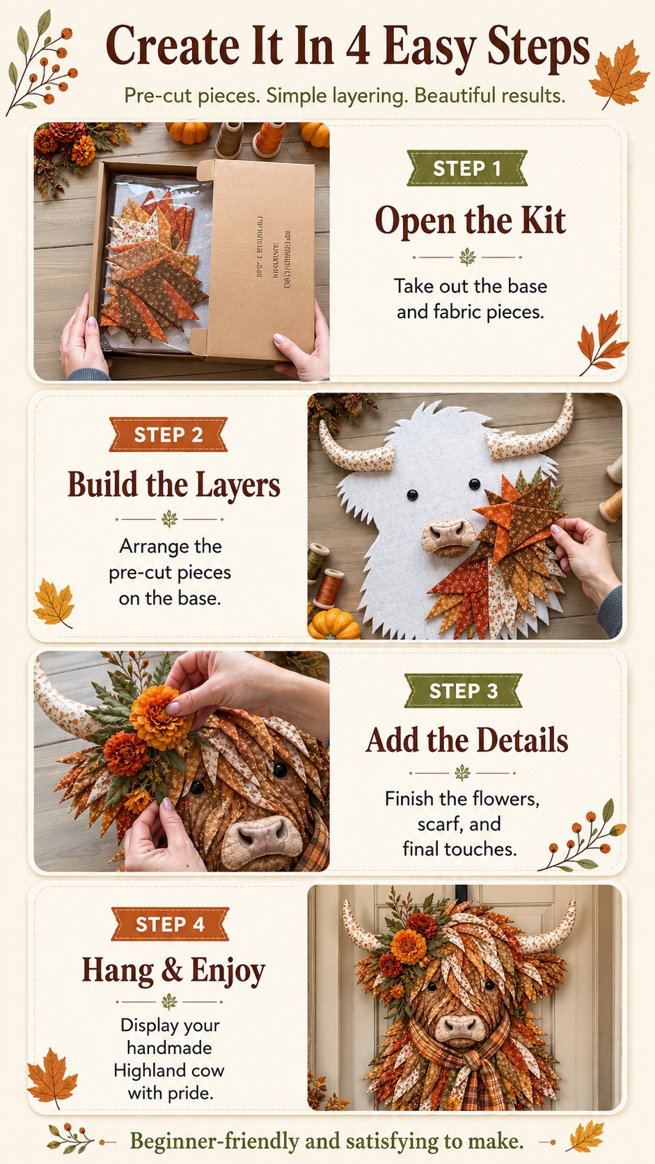 ⏰LAST DAY 49% OFF - 🐮💐🌸 Birth Flower Highland Cow 3D Layered Fabric Art DIY Kit | Complete Kit Included ✂️ Pre-Cut Pieces • Glue or Stitch Your Way • Create a Cozy 3D Highland Cow Decor 💕