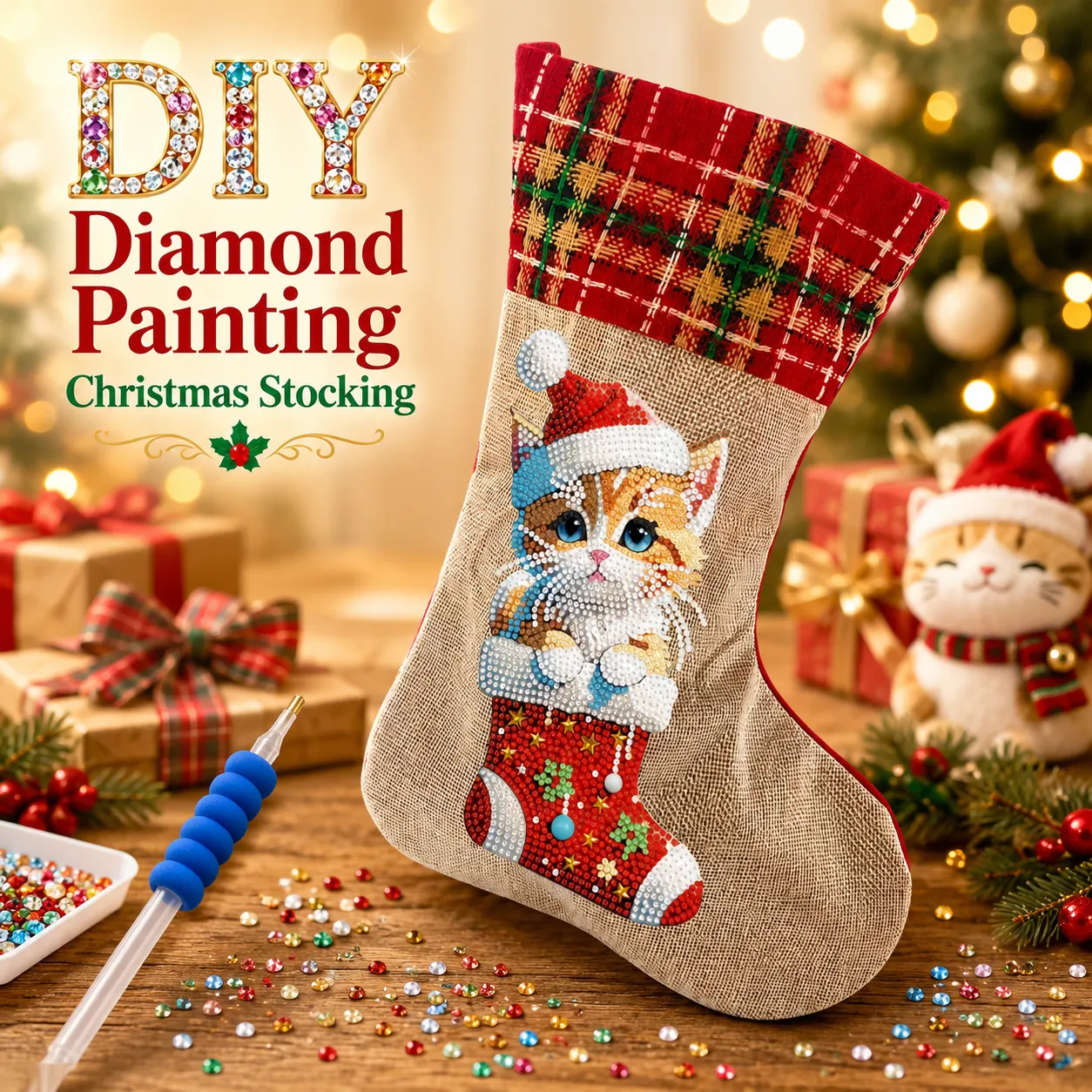 DIY Diamond Painting Christmas Stockings Hanging Ornaments Large Capacity Xmas Socks Pendant Wear Resist Candy Gift Storage Bags for Family Christmas Holiday Party Decoration (Christmas cat)