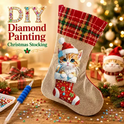 DIY Diamond Painting Christmas Stockings Hanging Ornaments Large Capacity Xmas Socks Pendant Wear Resist Candy Gift Storage Bags for Family Christmas Holiday Party Decoration (Christmas cat)