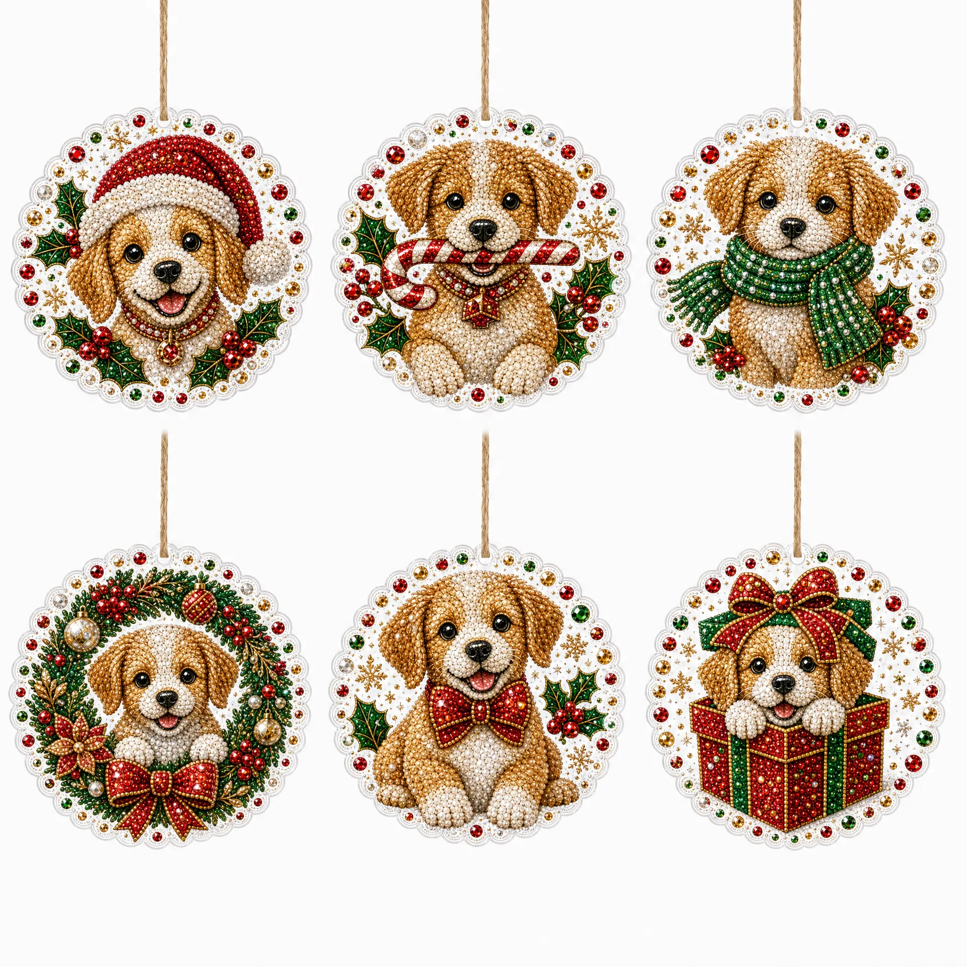 6pcs Xmas Puppies Pearl Art Diamond Painting Pendant