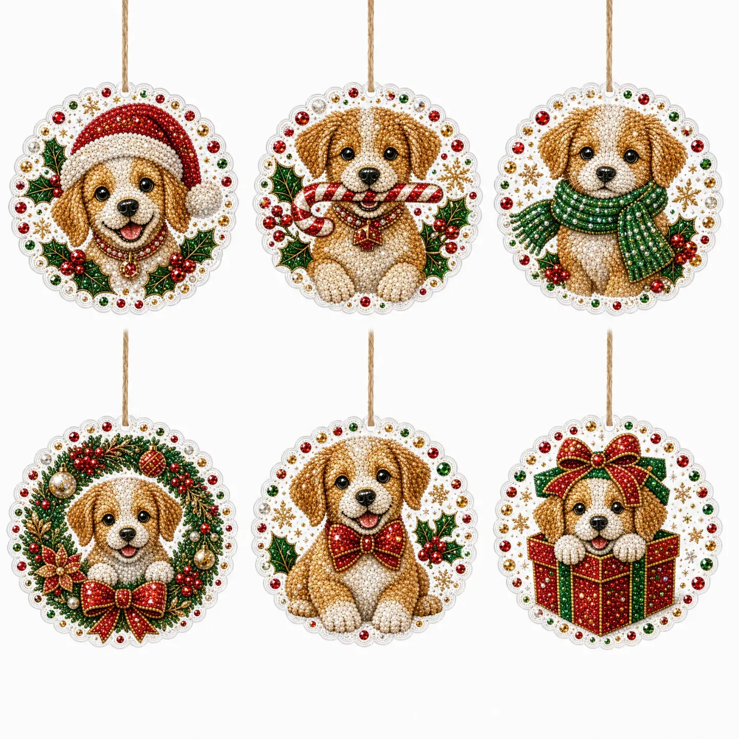 6pcs Xmas Puppies Pearl Art Diamond Painting Pendant