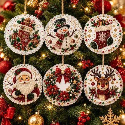 6 Pcs Christmas Wooden Ornaments DIY Pearls Diamond Painting Kit Rhinestone Art Pendants with Hemp Rope for Holiday Tree Decor