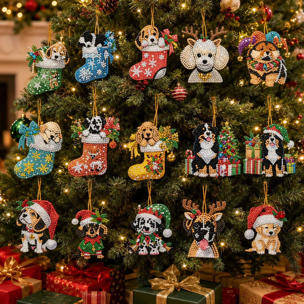 15Pcs DIY Christmas Atmosphere Dog Diamond Painting Pendant (Double-Sided)