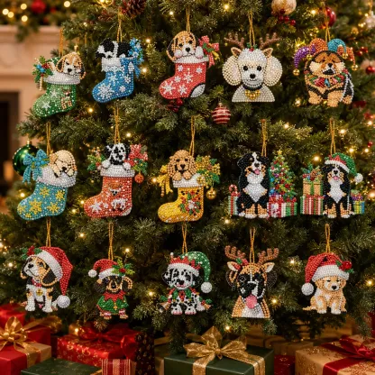 15Pcs DIY Christmas Atmosphere Dog Diamond Painting Pendant (Double-Sided)