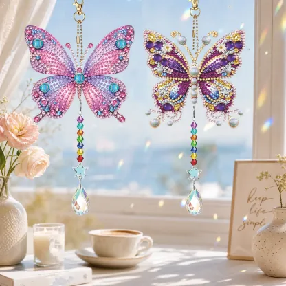 Butterfly 5D Diamond Painting Suncatcher with Crystal Pendant, Double-Sided Hanging Wind Chime Kit for Adults | Colorful Spring Window Decor