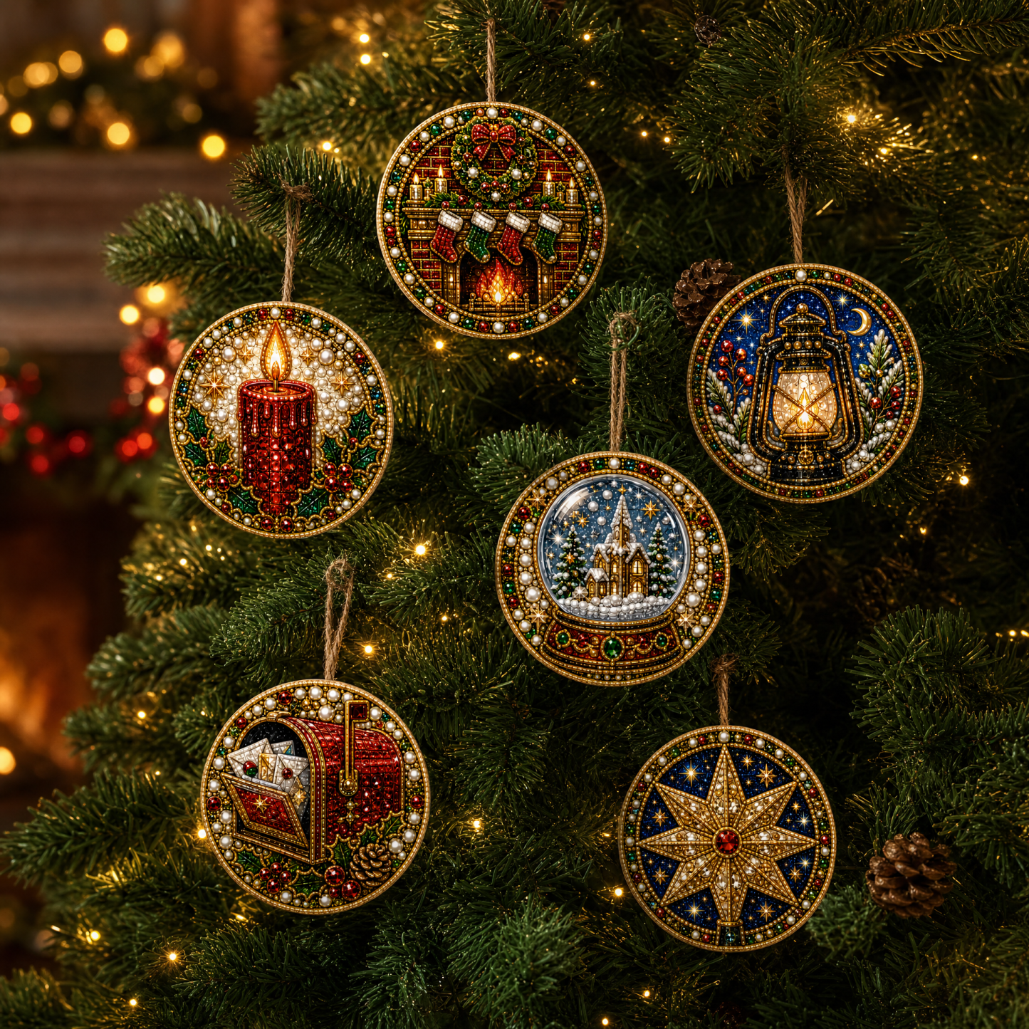 6 Pcs Christmas Wooden Ornaments DIY Pearls Diamond Painting Kit Rhinestone Art Pendants with Hemp Rope for Holiday Tree Decor
