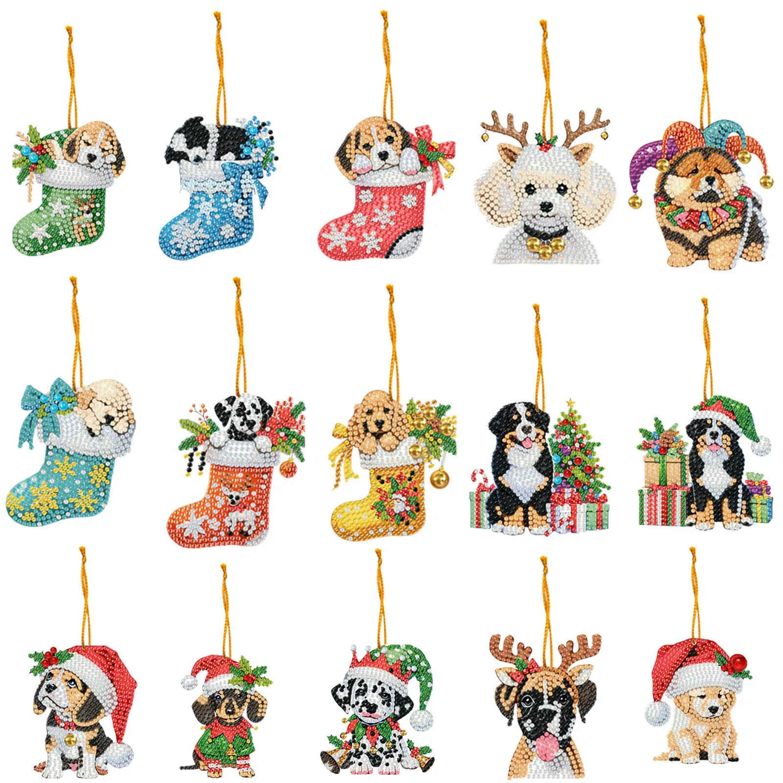 15Pcs DIY Christmas Atmosphere Dog Diamond Painting Pendant (Double-Sided)