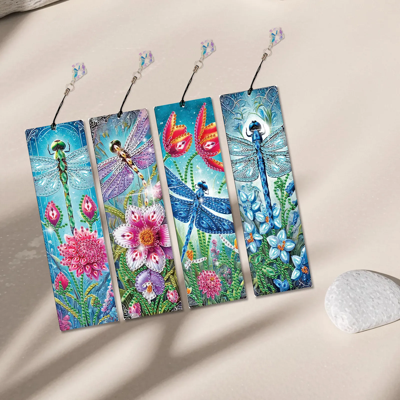 4Pcs Dragonfly Garden DIY Diamond Painting Bookmark with Crystal Pendants Diamond Painting Art Bookmarks Special Shape for DIY Making Beginners Adult Arts Craft Supplies