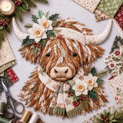 ⏰LAST DAY 49% OFF - 🐮💐🌸 Birth Flower Highland Cow 3D Layered Fabric Art DIY Kit | Complete Kit Included ✂️ Pre-Cut Pieces • Glue or Stitch Your Way • Create a Cozy 3D Highland Cow Decor 💕