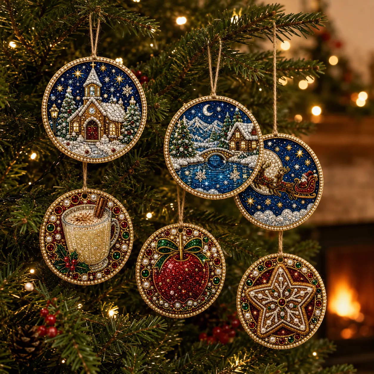 6pcs Winter Xmas Scene Pearl Art Diamond Painting Pendant